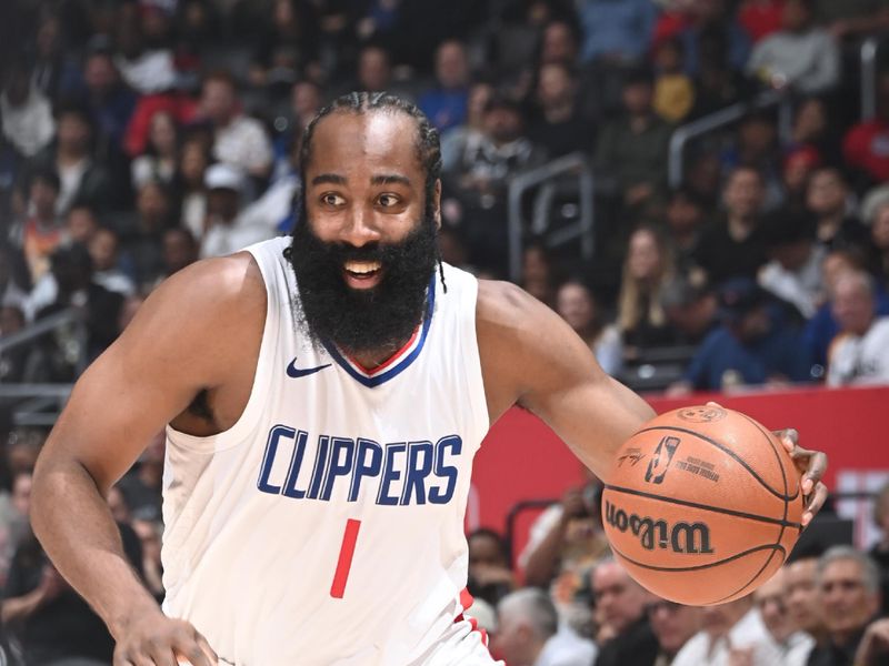 LOS ANGELES, CA - MARCH 10: James Harden #1 of the LA Clippers dribbles the ball during the game against the Milwaukee Bucks on March 10, 2024 at Crypto.Com Arena in Los Angeles, California. NOTE TO USER: User expressly acknowledges and agrees that, by downloading and/or using this Photograph, user is consenting to the terms and conditions of the Getty Images License Agreement. Mandatory Copyright Notice: Copyright 2024 NBAE (Photo by Andrew D. Bernstein/NBAE via Getty Images)