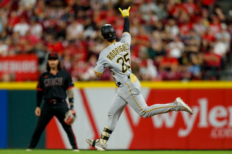 Sep 22, 2023; Cincinnati, Ohio, USA; Pittsburgh Pirates catcher Endy Rodriguez (25) reacts after hitting a solo home run in the sixth inning against the Cincinnati Reds at Great American Ball Park. Mandatory Credit: Katie Stratman-USA TODAY Sports