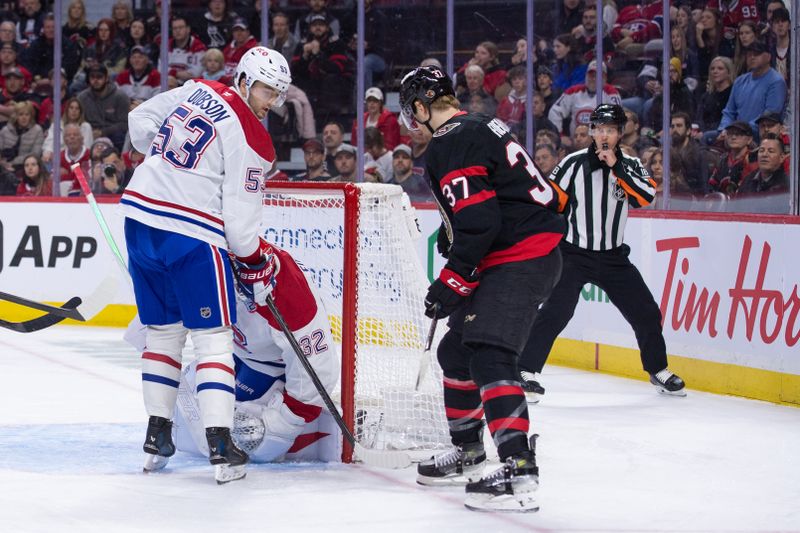 Mar 11, 2026; Ottawa, Ontario, CAN; Montreal Canadiens goalie Jacob Fowler (32) makes a save in front of Ottawa Senators left wing Warren Foegele (37) in the first period at the Canadian Tire Centre. Mandatory Credit: Marc DesRosiers-IMAGN Images