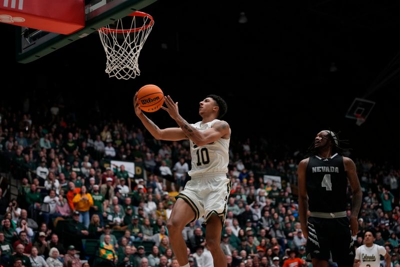 Feb 27, 2024; Fort Collins, Colorado, USA; Colorado State Rams guard Nique Clifford (10) shoots a layup against the Nevada Wolf Pack at Moby Arena. Mandatory Credit: Michael Madrid-USA TODAY Sports