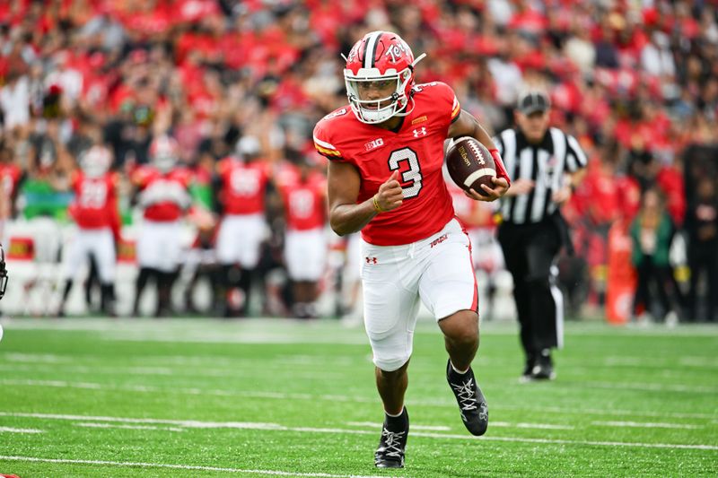 Sep 30, 2023; College Park, Maryland, USA; Maryland Terrapins quarterback Taulia Tagovailoa (3) runs for a touchdown during the first half  against the Indiana Hoosiers at SECU Stadium. Mandatory Credit: Tommy Gilligan-USA TODAY Sports