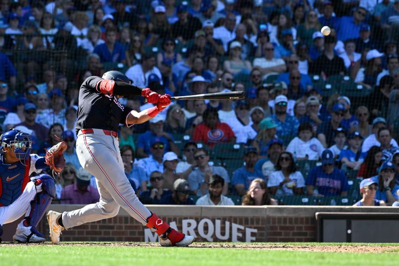 Sep 21, 2024; Chicago, Illinois, USA;  Washington Nationals first baseman Joey Gallo (24) hits a three run home run against the Chicago Cubs during the sixth inning at Wrigley Field. Mandatory Credit: Matt Marton-Imagn Images