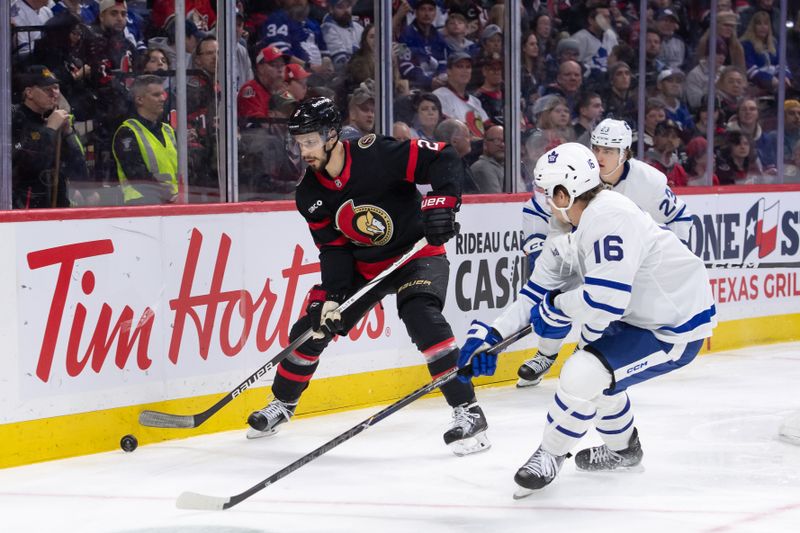 Feb 10, 2024; Ottawa, Ontario, CAN; Ottawa Senators cdefenseman Artem Zub (2) moves the puck away from Toronto Maple Leafs center Noah Gregor (12)  and left wing Matthew Knies (23) in the second period at the Canadian Tire Centre. Mandatory Credit: Marc DesRosiers-USA TODAY Sports