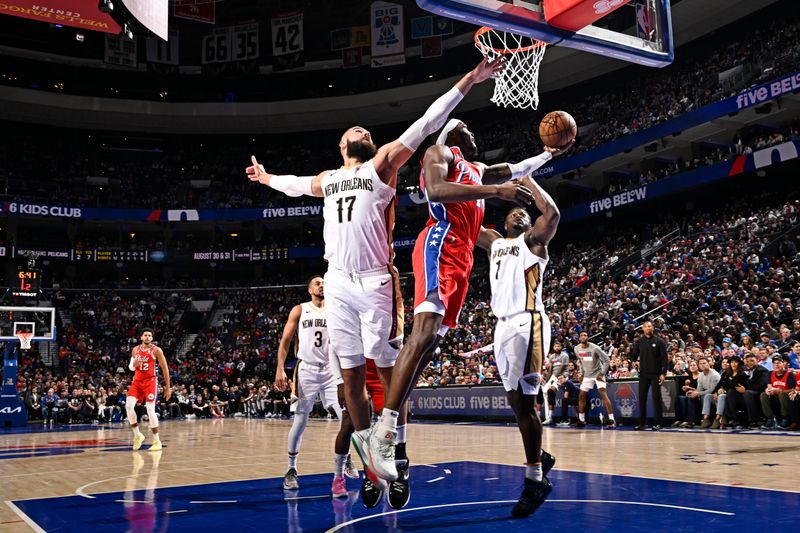 PHILADELPHIA, PA - MARCH 8: Paul Reed #44 of the Philadelphia 76ers drives to the basket during the game against the New Orleans Pelicans on March 8, 2024 at the Wells Fargo Center in Philadelphia, Pennsylvania NOTE TO USER: User expressly acknowledges and agrees that, by downloading and/or using this Photograph, user is consenting to the terms and conditions of the Getty Images License Agreement. Mandatory Copyright Notice: Copyright 2024 NBAE (Photo by David Dow/NBAE via Getty Images)