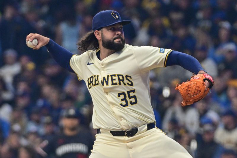 Apr 2, 2024; Milwaukee, Wisconsin, USA;  Milwaukee Brewers pitcher Jake Junis (35) throws a pitch in the first inning against the Minnesota Twins at American Family Field. Mandatory Credit: Benny Sieu-USA TODAY Sports