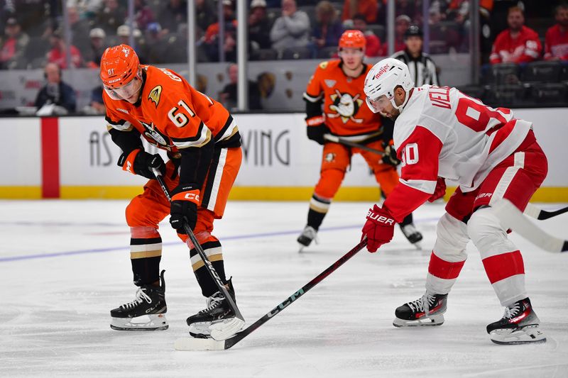 Nov 15, 2024; Anaheim, California, USA; Detroit Red Wings center Joe Veleno (90) plays for the puck against Anaheim Ducks left wing Cutter Gauthier (61) during the second period at Honda Center. Mandatory Credit: Gary A. Vasquez-Imagn Images