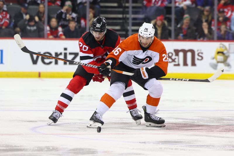 Dec 19, 2023; Newark, New Jersey, USA; Philadelphia Flyers defenseman Sean Walker (26) and New Jersey Devils center Michael McLeod (20) battle for the puck during the third period at Prudential Center. Mandatory Credit: Ed Mulholland-USA TODAY Sports