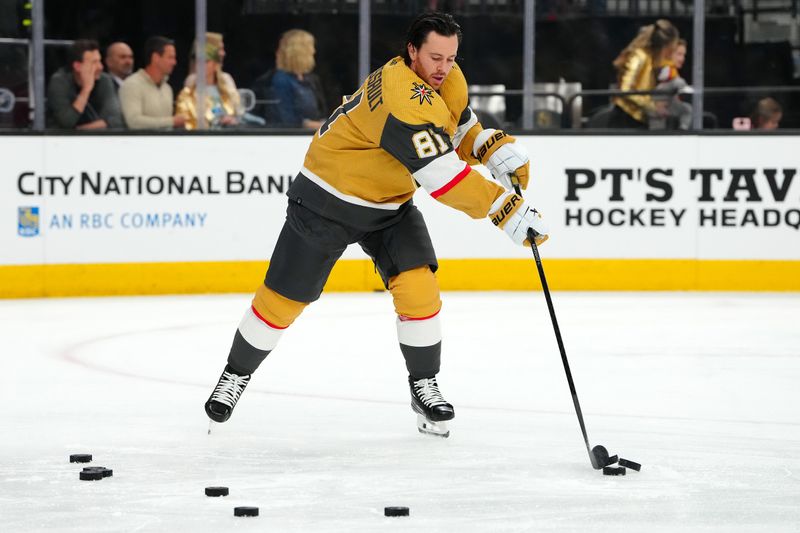 Mar 19, 2024; Las Vegas, Nevada, USA; Vegas Golden Knights right wing Jonathan Marchessault (81) warms up before the start of a game against the Tampa Bay Lighting at T-Mobile Arena. Mandatory Credit: Stephen R. Sylvanie-USA TODAY Sports