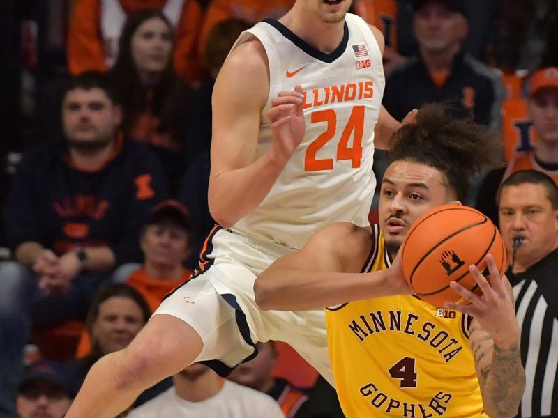 Feb 20, 2023; Champaign, Illinois, USA;  Illinois Fighting Illini forward Matthew Mayer (24) pressures Minnesota Golden Gophers guard Braeden Carrington (4) with the ball during the first half at State Farm Center. Mandatory Credit: Ron Johnson-USA TODAY Sports