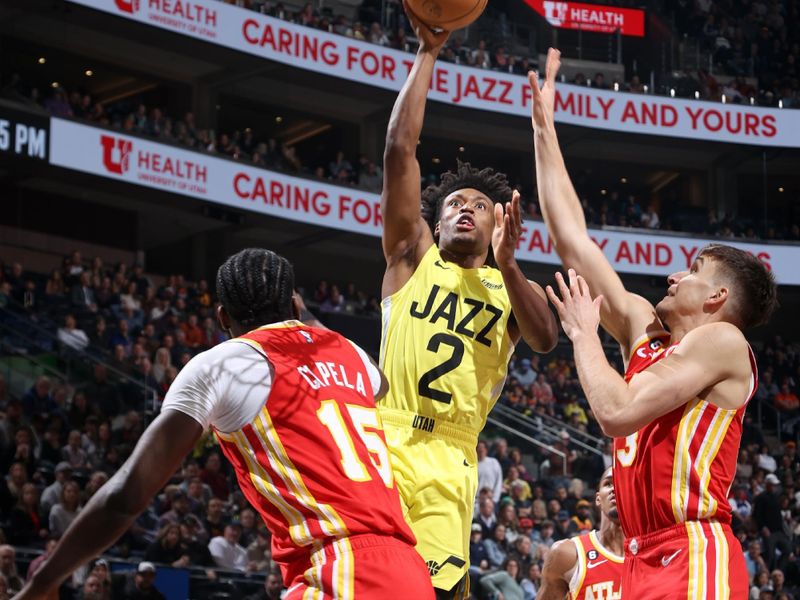 SALT LAKE CITY, UT - FEBRUARY 3: Colin Sexton #2 of the Utah Jazz shoots the ball during the game against the Atlanta Hawks on February 3, 2023 at vivint.SmartHome Arena in Salt Lake City, Utah. NOTE TO USER: User expressly acknowledges and agrees that, by downloading and or using this Photograph, User is consenting to the terms and conditions of the Getty Images License Agreement. Mandatory Copyright Notice: Copyright 2023 NBAE (Photo by Melissa Majchrzak/NBAE via Getty Images)