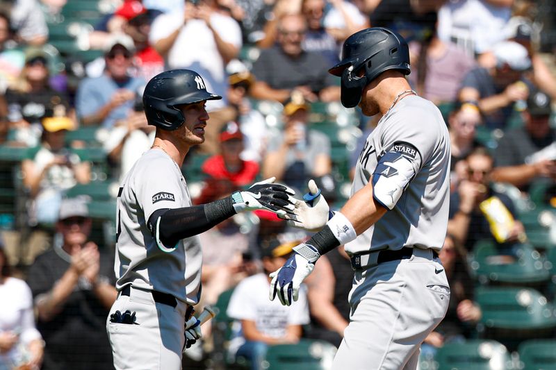 Aug 31, 2025; Chicago, Illinois, USA; New York Yankees designated hitter Aaron Judge (99) celebrates with outfielder Cody Bellinger (35) after hitting a solo home run against the Chicago White Sox during the first inning at Rate Field. Mandatory Credit: Kamil Krzaczynski-Imagn Images