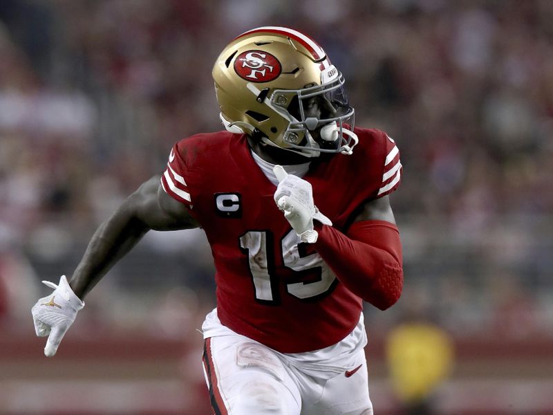 San Francisco 49ers wide receiver Deebo Samuel (19) runs during an NFL football game against the New York Giants, Thursday, Sept. 21, 2023, in Santa Clara, Calif. (AP Photo/Scot Tucker)