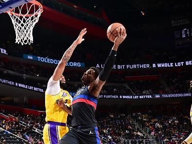 DETROIT, MI - NOVEMBER 29: Jalen Duren #0 of the Detroit Pistons drives to the basket during the game against the Los Angeles Lakers on November 29, 2023 at Little Caesars Arena in Detroit, Michigan. NOTE TO USER: User expressly acknowledges and agrees that, by downloading and/or using this photograph, User is consenting to the terms and conditions of the Getty Images License Agreement. Mandatory Copyright Notice: Copyright 2023 NBAE (Photo by Chris Schwegler/NBAE via Getty Images)