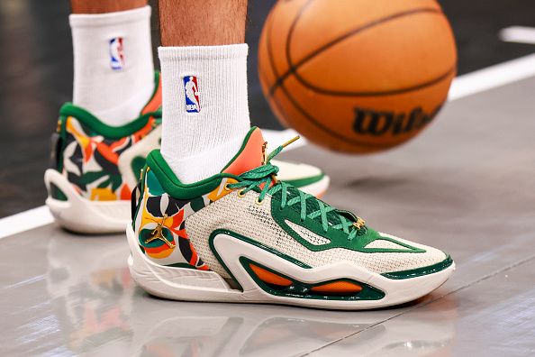 TORONTO, CANADA - NOVEMBER 17: The sneakers of Jayson Tatum #0 of the Boston Celtics before the game against the Toronto Raptors during the In-Season Tournament game on November 17, 2023 at the Scotiabank Arena in Toronto, Ontario, Canada.  NOTE TO USER: User expressly acknowledges and agrees that, by downloading and or using this Photograph, user is consenting to the terms and conditions of the Getty Images License Agreement.  Mandatory Copyright Notice: Copyright 2023 NBAE (Photo by Vaughn Ridley/NBAE via Getty Images)