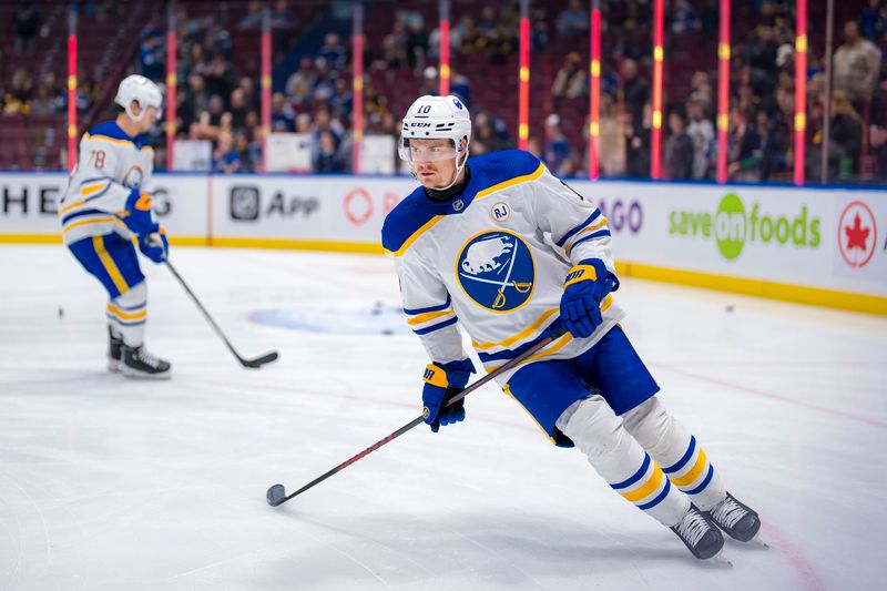 Mar 19, 2024; Vancouver, British Columbia, CAN; Buffalo Sabres defenseman Henri Jokiharju (10) skates during warm up prior to a game against the Vancouver Canucks at Rogers Arena. Mandatory Credit: Bob Frid-USA TODAY Sports