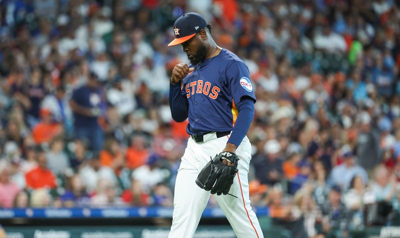 Apr 14, 2024; Houston, Texas, USA; Houston Astros pitcher Cristian Javier (53) walks off the mound after pitching during the second inning against the Texas Rangers at Minute Maid Park. Mandatory Credit: Troy Taormina-USA TODAY Sports