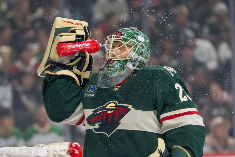 Oct 12, 2024; Saint Paul, Minnesota, USA; Minnesota Wild goaltender Marc-Andre Fleury (29) sprays his face with water in the first period against the Seattle Kraken at Xcel Energy Center. Mandatory Credit: Matt Blewett-Imagn Images