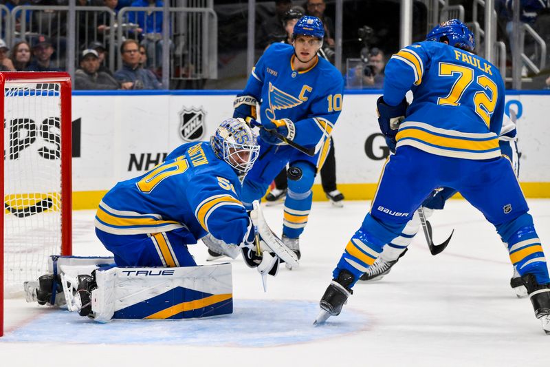 Nov 2, 2024; St. Louis, Missouri, USA;  St. Louis Blues goaltender Jordan Binnington (50) defends the net against the Toronto Maple Leafs during the first period at Enterprise Center. Mandatory Credit: Jeff Curry-Imagn Images