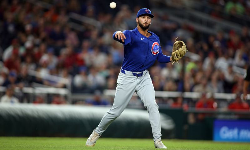 Aug 30, 2024; Washington, District of Columbia, USA; Chicago Cubs pitcher Tyson Miller (49) throws to first base for an out during the ninth inning against the Washington Nationals at Nationals Park. Mandatory Credit: Daniel Kucin Jr.-USA TODAY Sports


