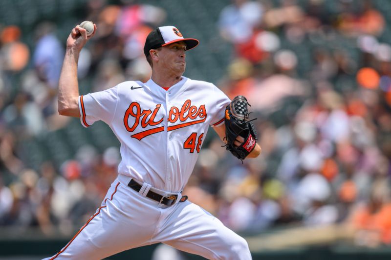 Jun 11, 2023; Baltimore, Maryland, USA; Baltimore Orioles starting pitcher Kyle Gibson (48) throws a pitch during the first inning against the Kansas City Royals at Oriole Park at Camden Yards. Mandatory Credit: Reggie Hildred-USA TODAY Sports