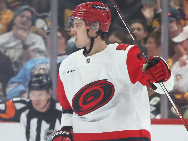 Mar 22, 2026; Pittsburgh, Pennsylvania, USA;  Carolina Hurricanes center Sebastian Aho (20) reacts after scoring a goal against the Pittsburgh Penguins during the first period at PPG Paints Arena. Mandatory Credit: Charles LeClaire-Imagn Images