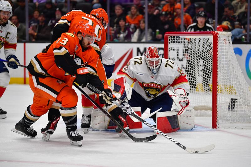 Jan 21, 2025; Anaheim, California, USA; Anaheim Ducks center Robby Fabbri (13) moves in for a shot against Florida Panthers goaltender Sergei Bobrovsky (72) during the second period at Honda Center. Mandatory Credit: Gary A. Vasquez-Imagn Images