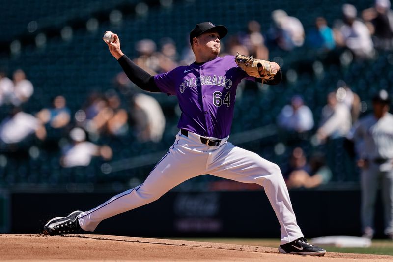 Aug 29, 2024; Denver, Colorado, USA; Colorado Rockies starting pitcher Bradley Blalock (64) pitches in the first inning against the Miami Marlins at Coors Field. Mandatory Credit: Isaiah J. Downing-USA TODAY Sports