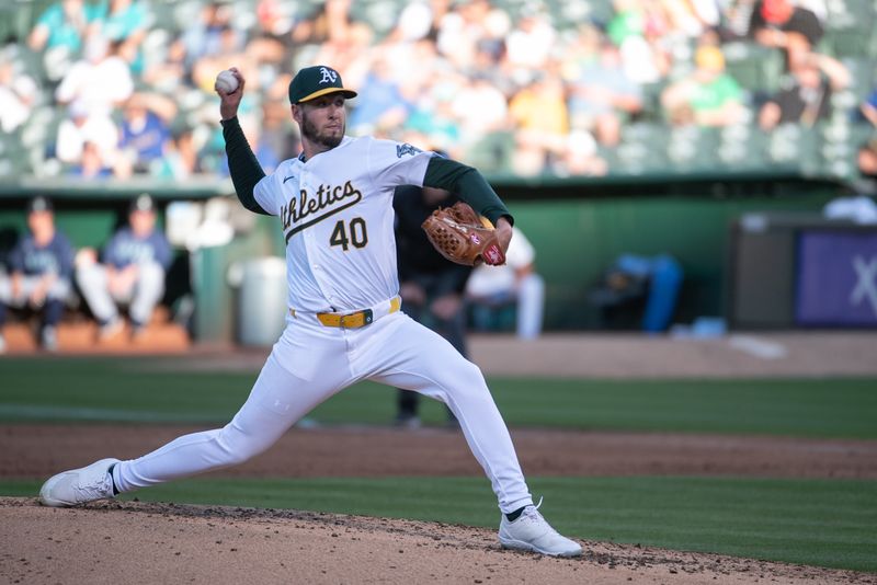 Jun 4, 2024; Oakland, California, USA; Oakland Athletics pitcher Mitch Spence (40) throws a pitch during the third inning against the Seattle Mariners at Oakland-Alameda County Coliseum. Mandatory Credit: Ed Szczepanski-USA TODAY Sports