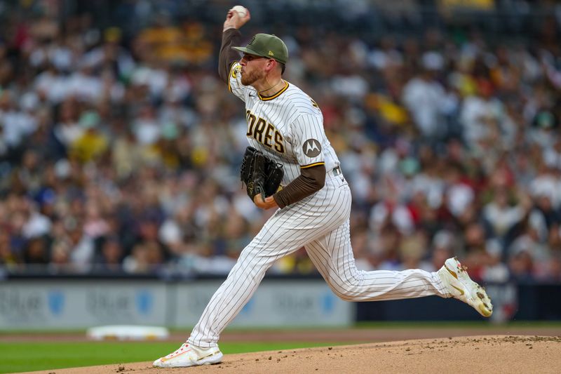 May 20, 2023; San Diego, California, USA; San Diego Padres starting pitcher Joe Musgrove (44) throws a pitch during the first inning against the Boston Red Sox at Petco Park. Mandatory Credit: David Frerker-USA TODAY Sports