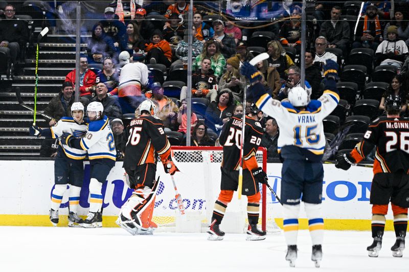 Mar 25, 2023; Anaheim, California, USA; St. Louis Blues center Brayden Schenn (10) celebrates his goal against Anaheim Ducks goalie John Gibson (36)  during first period at Honda Center. Mandatory Credit: Kelvin Kuo-USA TODAY Sports