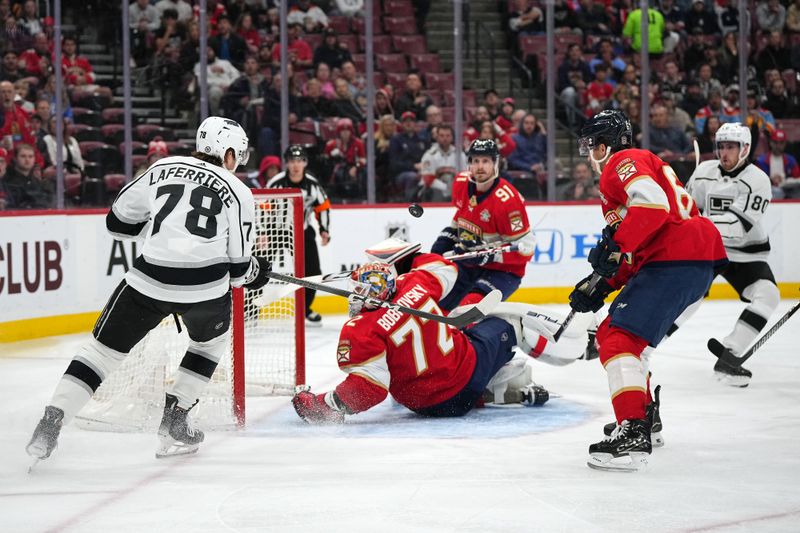 Jan 11, 2024; Sunrise, Florida, USA; Florida Panthers goaltender Sergei Bobrovsky (72) blocks a shot against the Los Angeles Kings during the first period at Amerant Bank Arena. Mandatory Credit: Jasen Vinlove-USA TODAY Sports