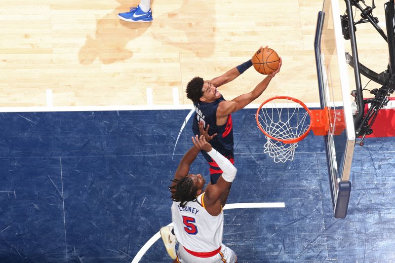 WASHINGTON, DC -? NOVEMBER 4: Jordan Poole #13 of the Washington Wizards drives to the basket during the game against the Golden State Warriors on November 4, 2024 at Capital One Arena in Washington, DC. NOTE TO USER: User expressly acknowledges and agrees that, by downloading and or using this Photograph, user is consenting to the terms and conditions of the Getty Images License Agreement. Mandatory Copyright Notice: Copyright 2024 NBAE (Photo by Stephen Gosling/NBAE via Getty Images)