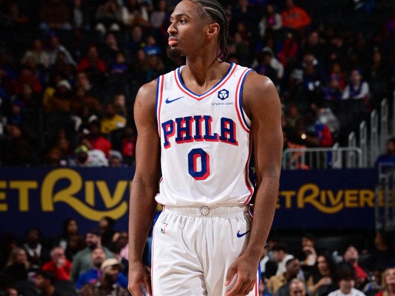 DETROIT, MI - NOVEMBER 30: Tyrese Maxey #0 of the Philadelphia 76ers looks on during the game against the Detroit Pistons on November 30, 2024 at Little Caesars Arena in Detroit, Michigan. NOTE TO USER: User expressly acknowledges and agrees that, by downloading and/or using this photograph, User is consenting to the terms and conditions of the Getty Images License Agreement. Mandatory Copyright Notice: Copyright 2024 NBAE (Photo by Chris Schwegler/NBAE via Getty Images)