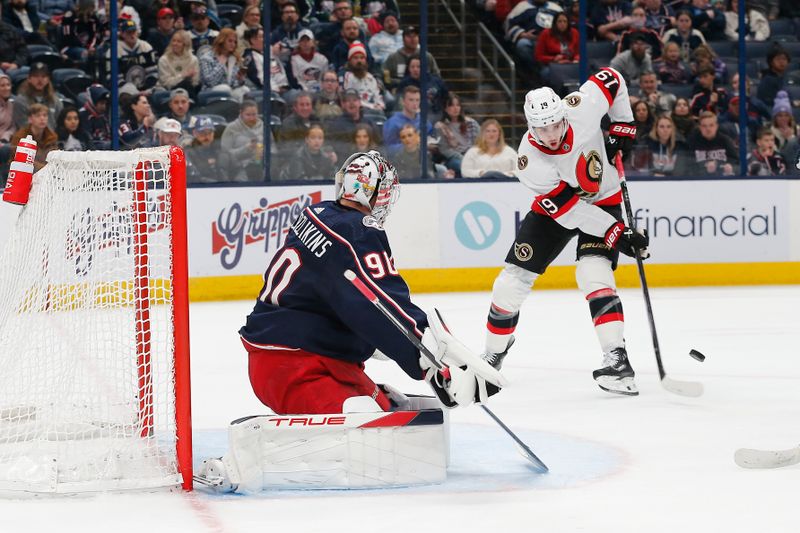 Dec 1, 2023; Columbus, Ohio, USA; Ottawa Senators right wing Drake Batherson (19) reaches of the rebound of a Columbus Blue Jackets goalie Elvis Merzlikins (90) save during the first period at Nationwide Arena. Mandatory Credit: Russell LaBounty-USA TODAY Sports