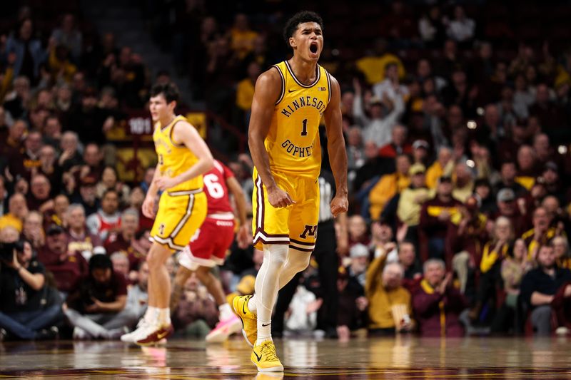 Dec 3, 2025; Minneapolis, Minnesota, USA; Minnesota Golden Gophers guard Isaac Asuma (1) celebrates his three point basket against the Indiana Hoosiers during the second half at Williams Arena. Mandatory Credit: Matt Krohn-Imagn Images