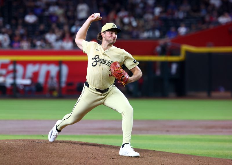 Aug 27, 2024; Phoenix, Arizona, USA; Arizona Diamondbacks pitcher Brandon Pfaadt in the first inning against the New York Mets at Chase Field. Mandatory Credit: Mark J. Rebilas-USA TODAY Sports