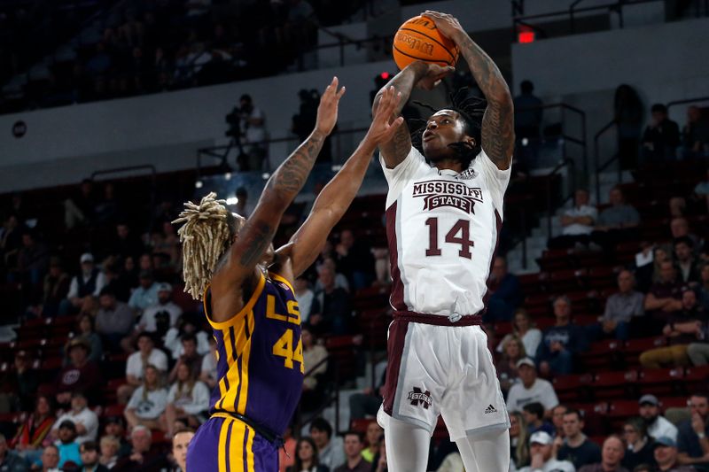 Feb 8, 2023; Starkville, Mississippi, USA; Mississippi State Bulldogs forward Tyler Stevenson (14) shoots as LSU Tigers guard Adam Miller (44) defends during the first half at Humphrey Coliseum. Mandatory Credit: Petre Thomas-USA TODAY Sports