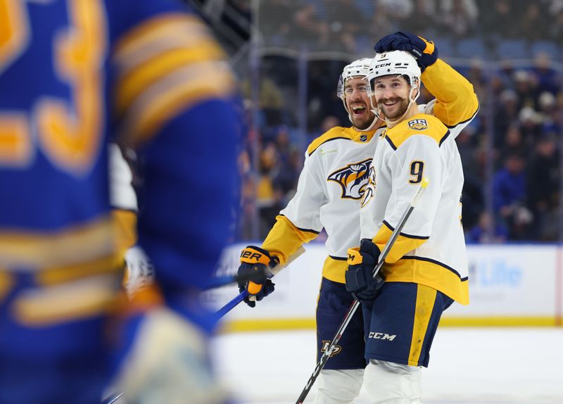 Dec 3, 2023; Buffalo, New York, USA;  Nashville Predators left wing Filip Forsberg (9) reacts after scoring a goal during the first period against the Buffalo Sabres at KeyBank Center. Mandatory Credit: Timothy T. Ludwig-USA TODAY Sports