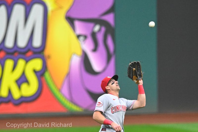 Sep 27, 2023; Cleveland, Ohio, USA; Cincinnati Reds left fielder Spencer Steer (7) makes a catch in the first inning against the Cleveland Guardians at Progressive Field. Mandatory Credit: David Richard-USA TODAY Sports