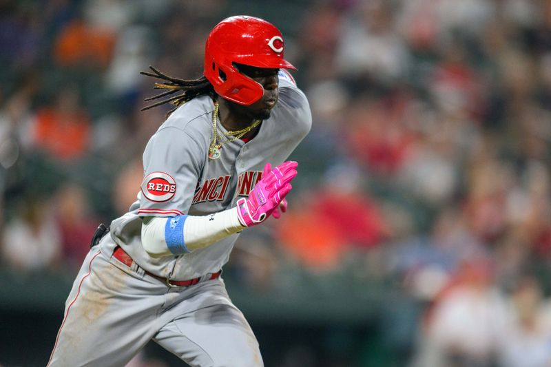 Jun 28, 2023; Baltimore, Maryland, USA; Cincinnati Reds shortstop Elly De La Cruz (44) sprints to first base during the ninth inning against the Baltimore Orioles at Oriole Park at Camden Yards. Mandatory Credit: Reggie Hildred-USA TODAY Sports