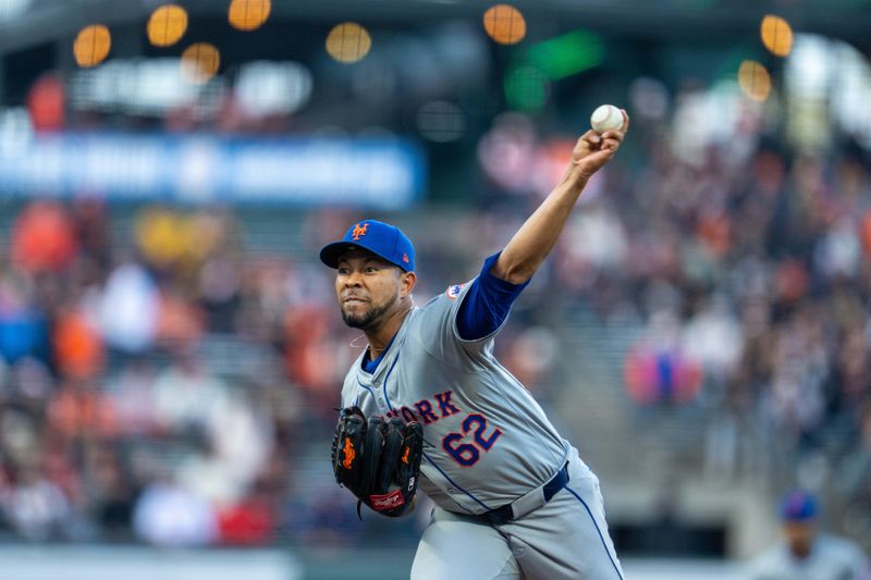 Apr 22, 2024; San Francisco, California, USA;  New York Mets pitcher Jose Quintana (62) delivers a pitch against the San Francisco Giants during the first inning at Oracle Park. Mandatory Credit: Neville E. Guard-USA TODAY Sports