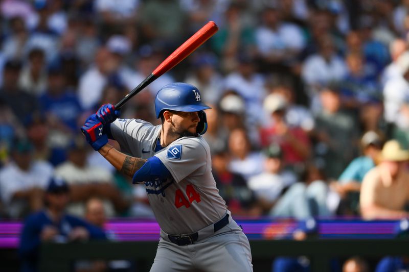 Sep 28, 2025; Seattle, Washington, USA; Los Angeles Dodgers center fielder Andy Pages (44) waits for a pitch during the eighth inning at T-Mobile Park. Mandatory Credit: Steven Bisig-Imagn Images