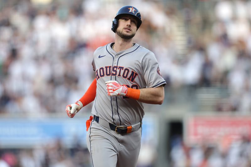 May 8, 2024; Bronx, New York, USA; Houston Astros right fielder Kyle Tucker (30) rounds the bases after hitting a solo home run against the New York Yankees during the first inning at Yankee Stadium. Mandatory Credit: Brad Penner-USA TODAY Sports