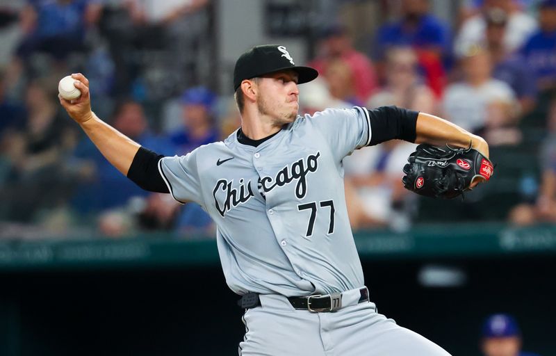 Jul 24, 2024; Arlington, Texas, USA; Chicago White Sox starting pitcher Chris Flexen (77) throws during the first inning against the Texas Rangers at Globe Life Field. Mandatory Credit: Kevin Jairaj-USA TODAY Sports