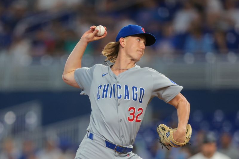 May 19, 2025; Miami, Florida, USA; Chicago Cubs starting pitcher Ben Brown (32) delivers a pitch against the Miami Marlins during the first inning at loanDepot Park. Mandatory Credit: Sam Navarro-Imagn Images