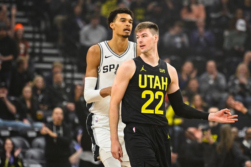 SALT LAKE CITY, UTAH - OCTOBER 31: Kyle Filipowski #22 of the Utah Jazz celebrates a three point play during the first half of a game against the San Antonio Spurs at Delta Center on October 31, 2024 in Salt Lake City, Utah. NOTE TO USER: User expressly acknowledges and agrees that, by downloading and or using this photograph, User is consenting to the terms and conditions of the Getty Images License Agreement. (Photo by Alex Goodlett/Getty Images)