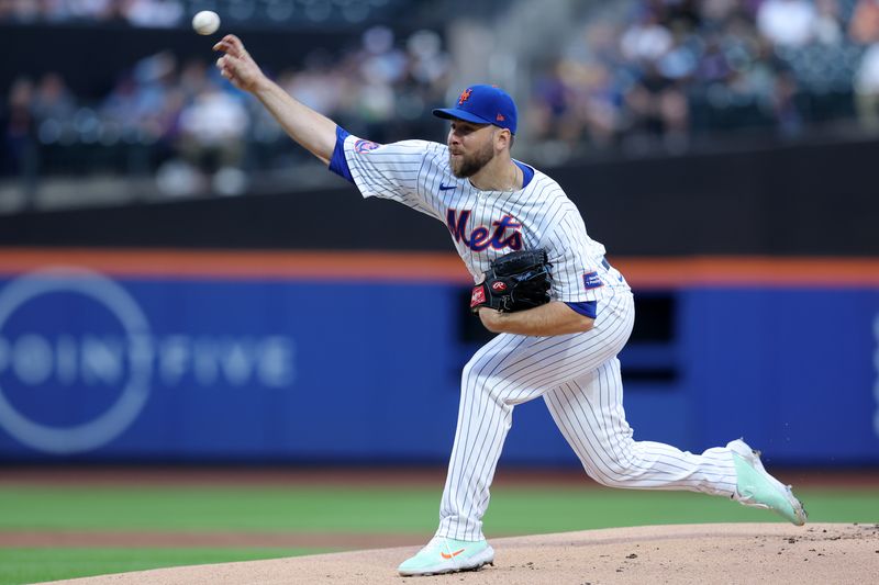 Jun 11, 2024; New York City, New York, USA; New York Mets starting pitcher Tylor Megill (38) pitches against the Miami Marlins during the first inning at Citi Field. Mandatory Credit: Brad Penner-USA TODAY Sports