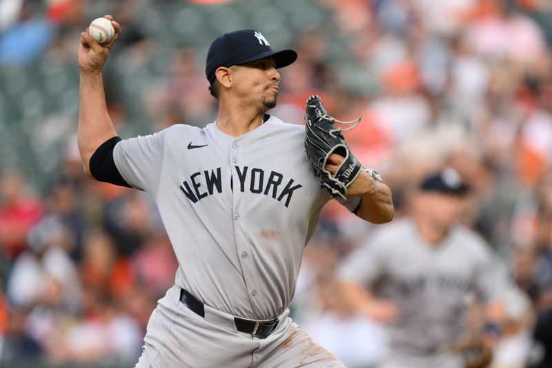 Apr 30, 2025; Baltimore, Maryland, USA; New York Yankees pitcher Carlos Carrasco (59) throws a pitch during the second inning against the Baltimore Orioles at Oriole Park at Camden Yards. Mandatory Credit: Reggie Hildred-Imagn Images
