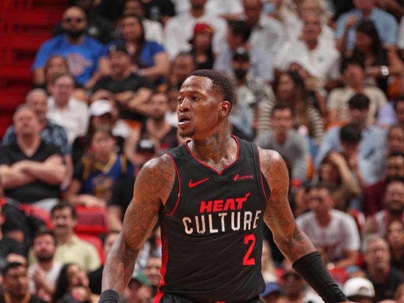 MIAMI, FL - MARCH 26: Terry Rozier #2 of the Miami Heat dribbles the ball during the game against the Golden State Warriors on March 26, 2024 at Kaseya Center in Miami, Florida. NOTE TO USER: User expressly acknowledges and agrees that, by downloading and or using this Photograph, user is consenting to the terms and conditions of the Getty Images License Agreement. Mandatory Copyright Notice: Copyright 2024 NBAE (Photo by Issac Baldizon/NBAE via Getty Images)