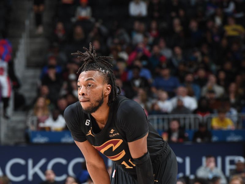 DETROIT, MI - NOVEMBER 27: Darius Garland #10 of the Cleveland Cavaliers looks on during the game against the Detroit Pistons on November 27, 2022 at Little Caesars Arena in Detroit, Michigan. NOTE TO USER: User expressly acknowledges and agrees that, by downloading and/or using this photograph, User is consenting to the terms and conditions of the Getty Images License Agreement. Mandatory Copyright Notice: Copyright 2022 NBAE (Photo by Chris Schwegler/NBAE via Getty Images)